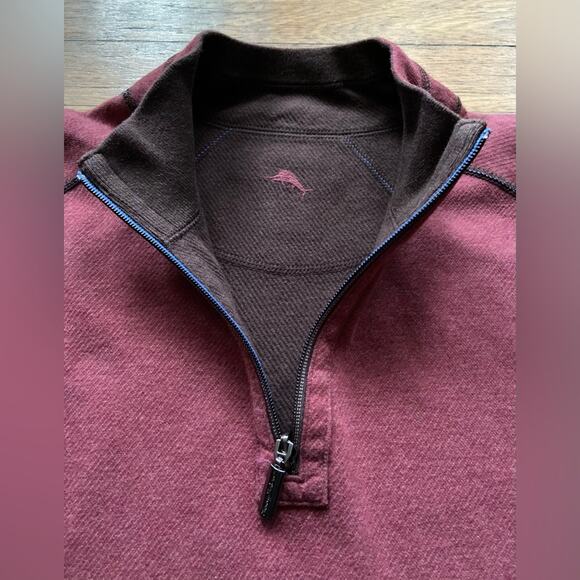 TOMMY BAHAMA Reversible Maroon/Brown 1/4 Zip Cotton Pullover Sweater sz Large - Picture 1 of 16